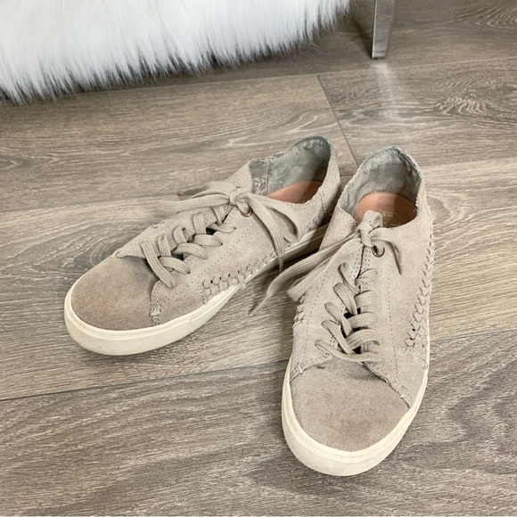 Toms Lenox Sneakers Shoes Lace Up Suede Woven Panel Desert Grey Women Size 6 - Picture 2 of 16